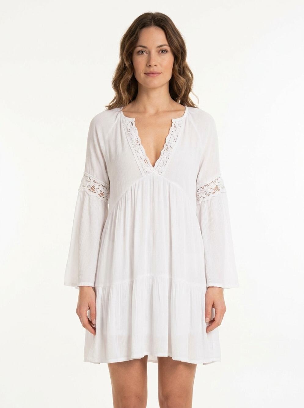 Boho Me White Mini Ruffle Lace Trim Crochet Trim Dress Women Size M